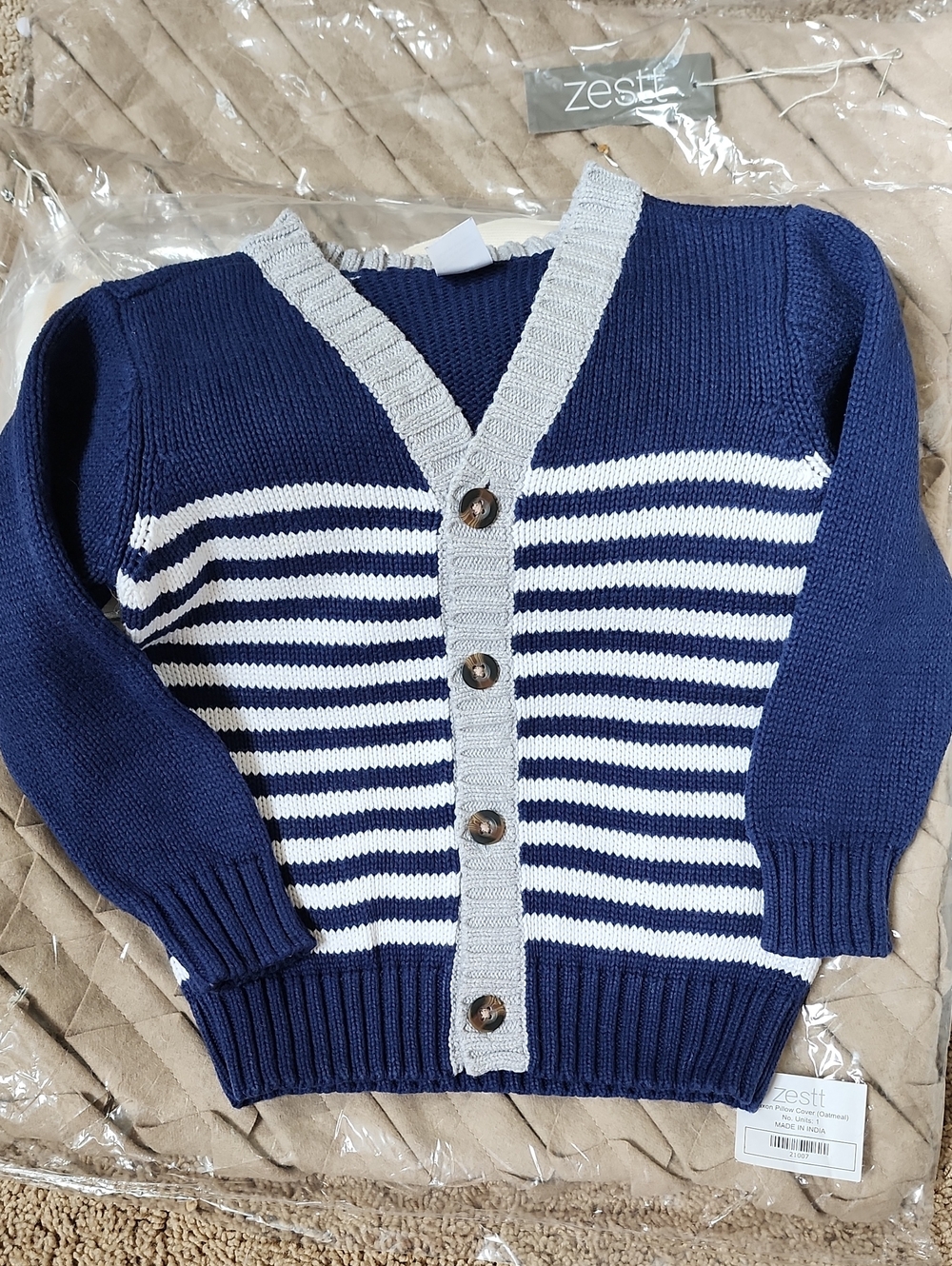 2T Carter's Navy and White Striped V-Neck Cotton Cardigan w/ Gray Trim